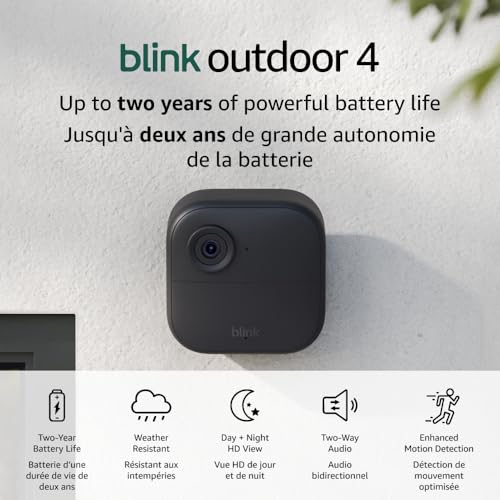 Blink Outdoor 4 (newest model), Wireless smart security camera, two-year battery, 1080p HD day and infrared night live view, two-way talk – 1 camera system