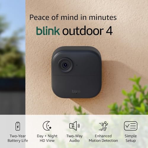 Blink Outdoor 4 (newest model), Wireless smart security camera, two-year battery, 1080p HD day and infrared night live view, two-way talk – 1 camera system