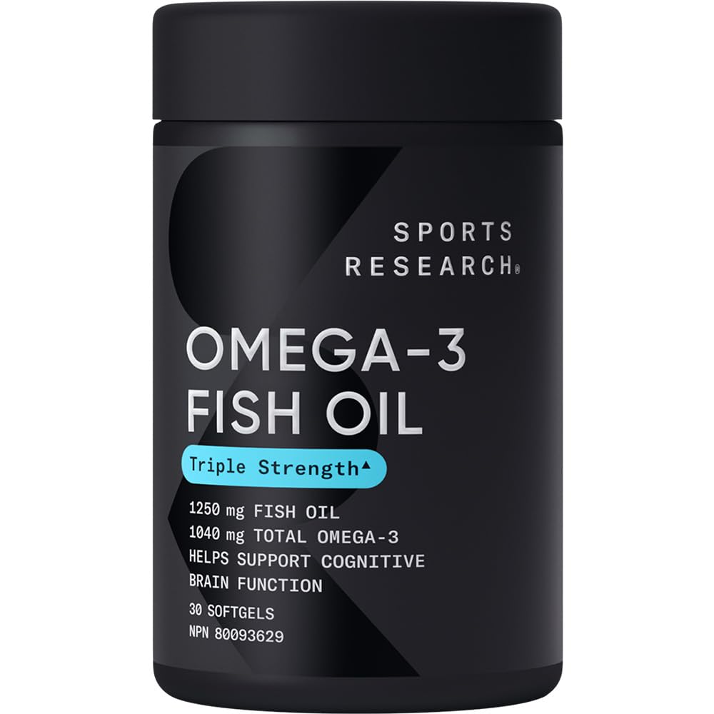 Sports Research Triple Strength Omega 3 Fish Oil - Burpless Fish Oil Supplement w/EPA & DHA Fatty Acids from Wild Alaskan Pollock - Heart, Brain & Immune Support for Men & Women - 1250 mg, 180 ct