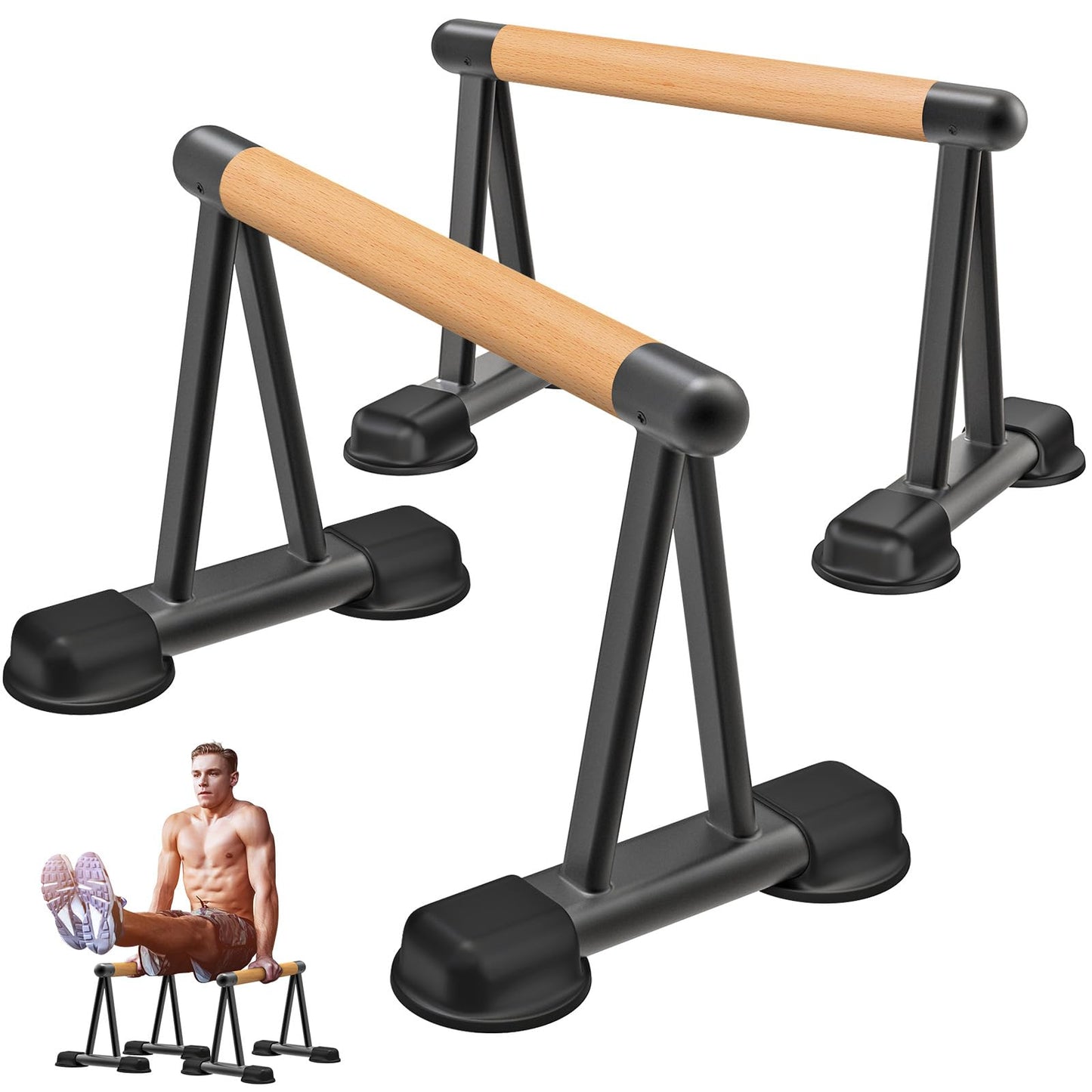 Dolibest Push Up Bar, 12'' High Parallettes Bars with Wooden Handles, Stable and Comfortable Calisthenics Equipment, Suitable for Handstand, L-Sit, Dip Bar, Strength Training for Indoor Outdoor Use