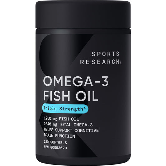 Sports Research Triple Strength Omega 3 Fish Oil - Burpless Fish Oil Supplement w/EPA & DHA Fatty Acids from Wild Alaskan Pollock - Heart, Brain & Immune Support for Men & Women - 1250 mg, 180 ct