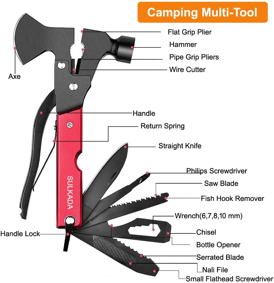 Multitool Axe Camping Tool, Christmas Stocking Stuffer Gift for Men Dad Him Boyfriend, 19-in-1 Survival Gear for Outdoor Hunting Hiking, Emergency Escape,with Axe,Hammer,Plier,Bottle Opener