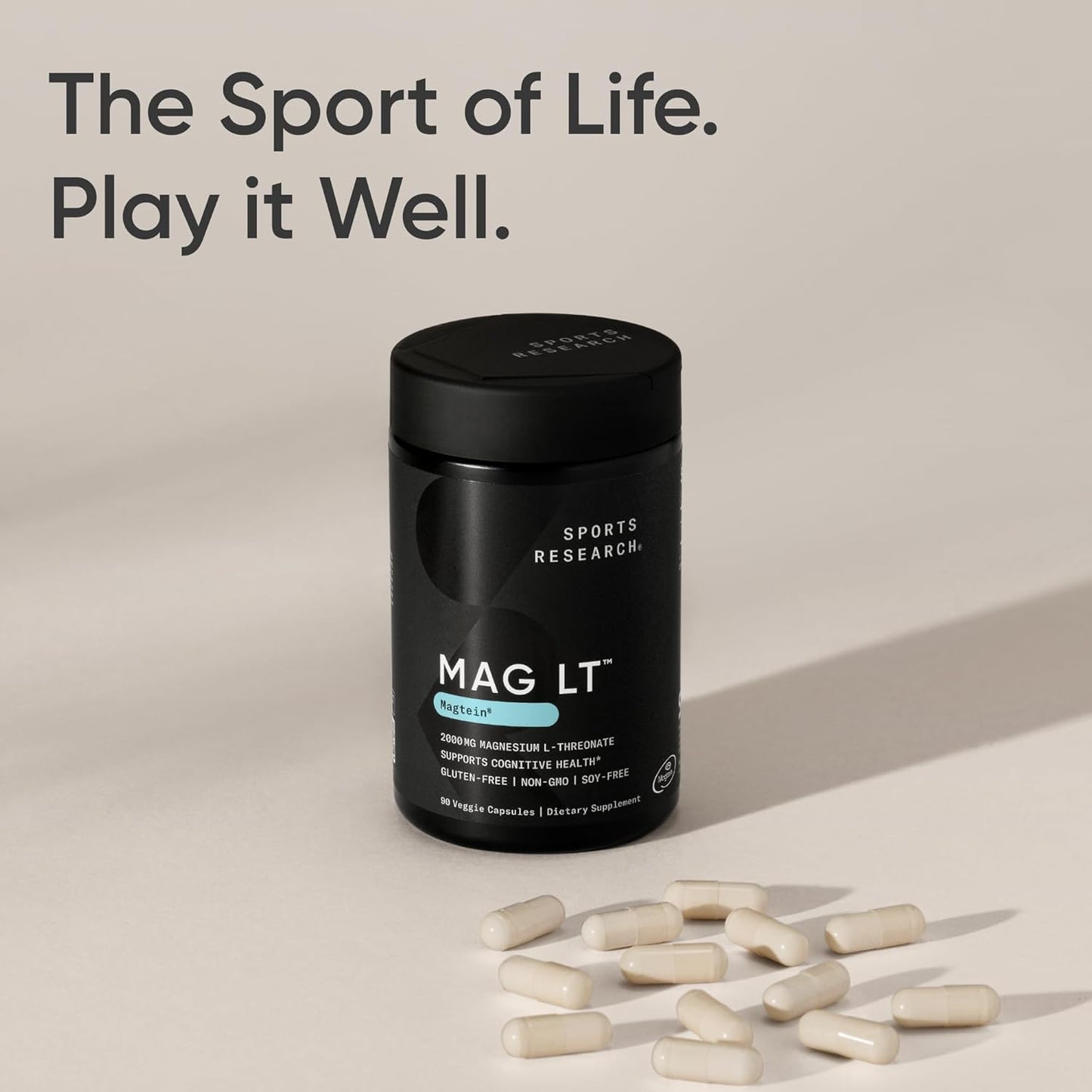 Sports Research Magtein Magnesium L-Threonate Capsules - Magnesium Supplement for Memory, Focus & Cognition - Magnesium L Threonate Supports Brain Health, Sleep & Mood - 2000mg, 90 Capsules for Adults