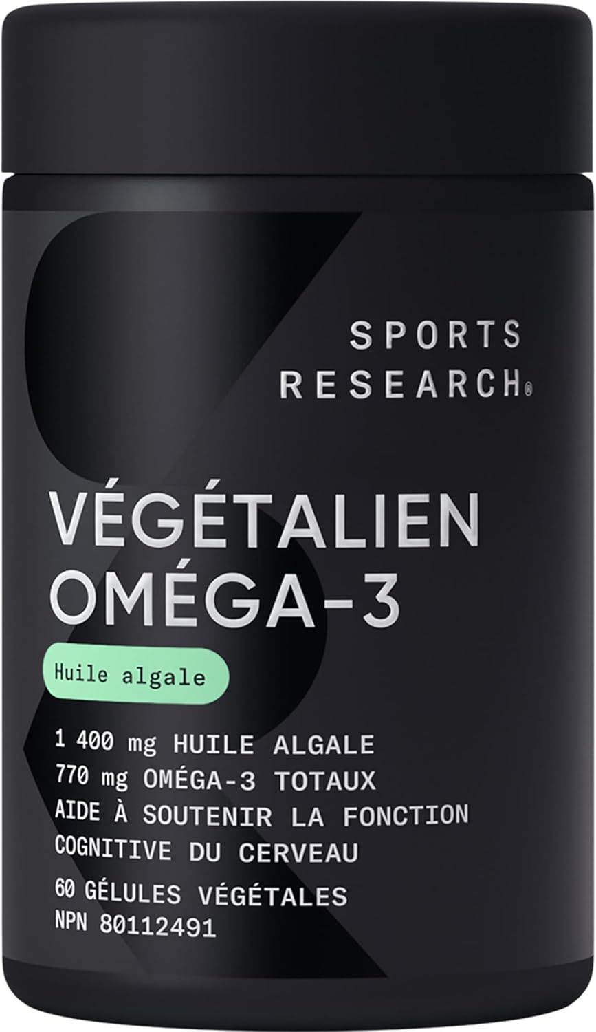 Sports Research Vegan Omega-3 Fish Oil Alternative from Algae Oil - Highest Levels of Vegan DHA & EPA Fatty Acids | Non-GMO Verified & Vegan Certified - 60 Veggie Softgels (Carrageenan Free)