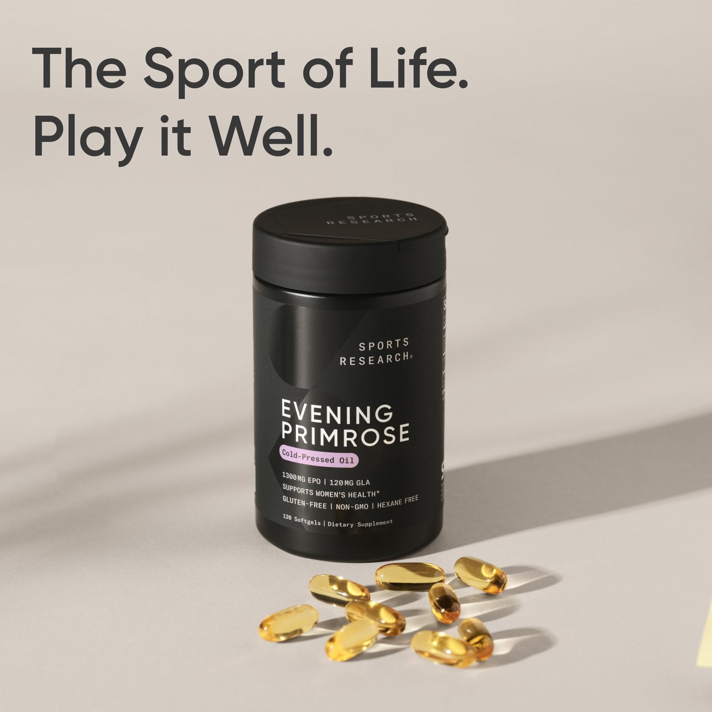 Sports Research Evening Primrose Oil (1300mg) Cold-Pressed with No fillers or Artificial Ingredients, Non-GMO Tested - Gluten and Soy Free (120 Liquid Softgels)