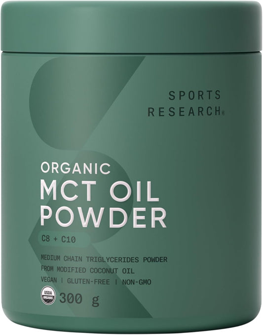 Sports Research Organic MCT Oil Powder - Keto & Vegan MCTs C8, C10 from Coconuts - Fatty Acid Brain & Body Fuel, Non-GMO & Gluten Free - Unflavored, Perfect in Coffee, Tea & Protein Shakes - 10.6 oz