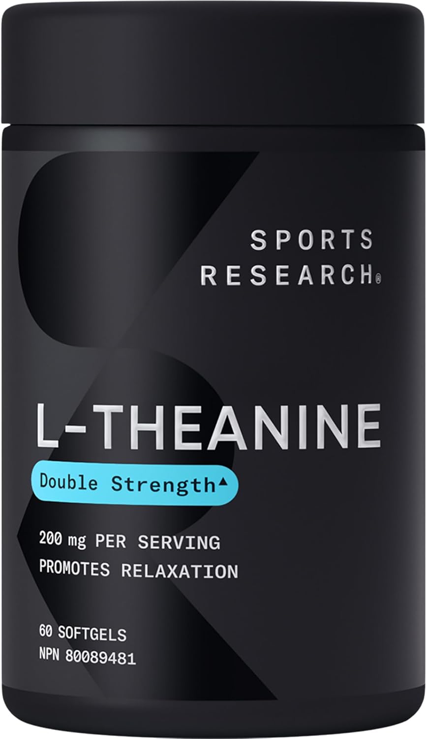 Sports Research Double Strength ‘Suntheanine’ L-Theanine with Organic Coconut Oil - Promotes Alertness, Focus, and Relaxation without Drowsiness - 200 mg L Theanine Supplement - 60 Softgel Capsules