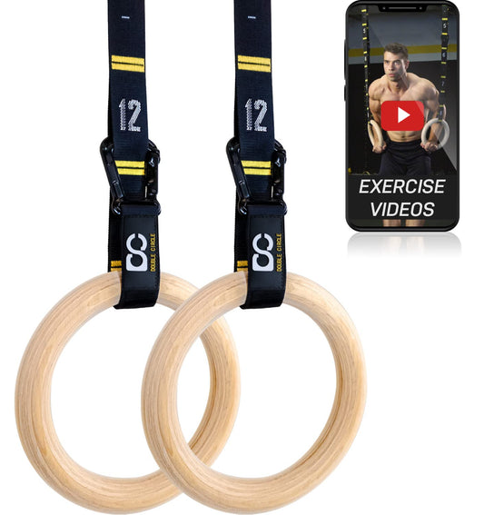 Double Circle Wood Gymnastic Rings with Quick Adjust Numbered Straps and Exercise Videos Guide, Full Body Workout, Calisthenics, Home Gym (Multi-Size)