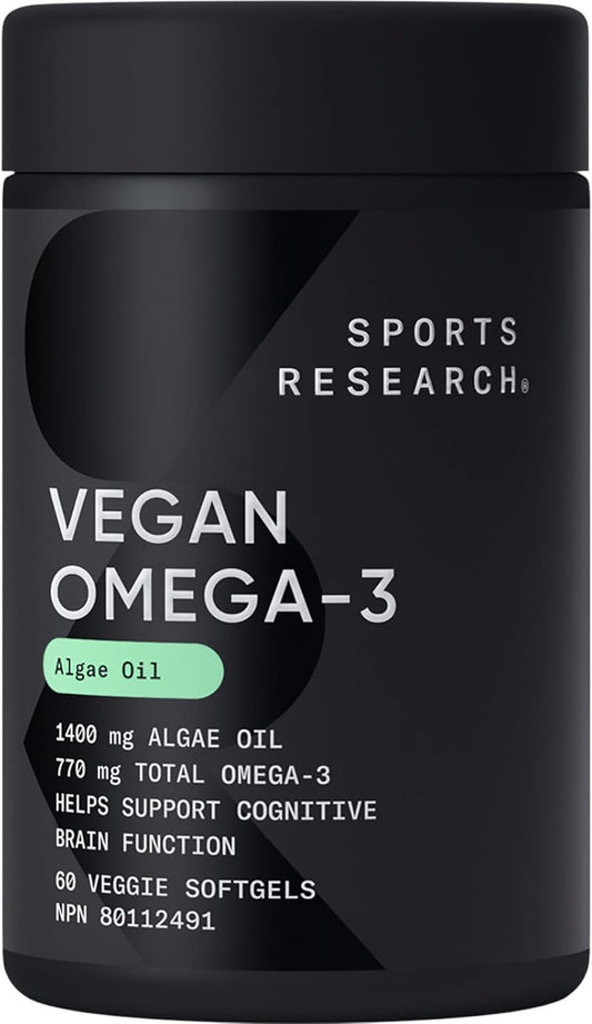 Sports Research Vegan Omega-3 Fish Oil Alternative from Algae Oil - Highest Levels of Vegan DHA & EPA Fatty Acids | Non-GMO Verified & Vegan Certified - 60 Veggie Softgels (Carrageenan Free)