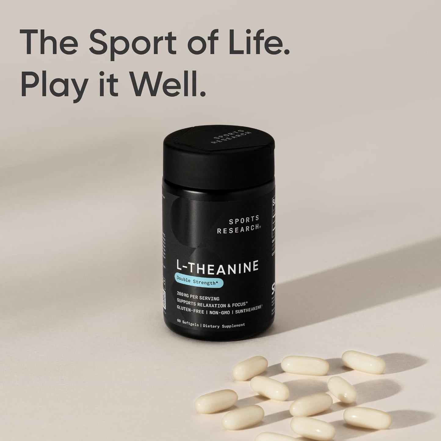 Sports Research Double Strength ‘Suntheanine’ L-Theanine with Organic Coconut Oil - Promotes Alertness, Focus, and Relaxation without Drowsiness - 200 mg L Theanine Supplement - 60 Softgel Capsules