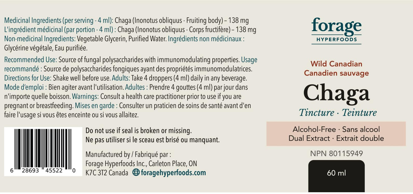 Forage Hyperfoods- Chaga Mushroom Tincture, With Chaga Extract for Excellent Digestive and Immune System, Dual Extract, Alcohol-free, 60 mL