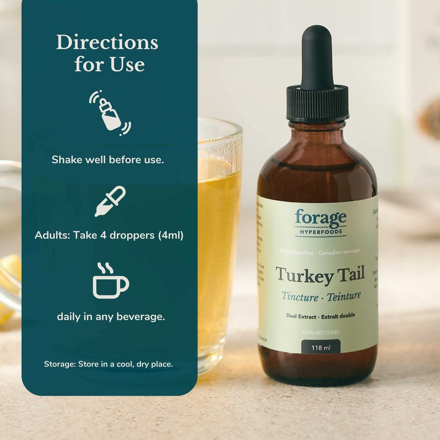 Forage Hyperfoods - Turkey Tail Mushroom Tincture, Mushroom Vitamins for Immune System and Gut Health Support, Dual Extract, Original, 118 ml