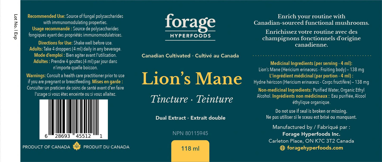 Forage Hyperfoods - Lion’s Mane Tincture, With Premium Mushroom Extract, For Memory Improvement and Nerve Support, Dual Extract, Alcohol-free, 118 ml