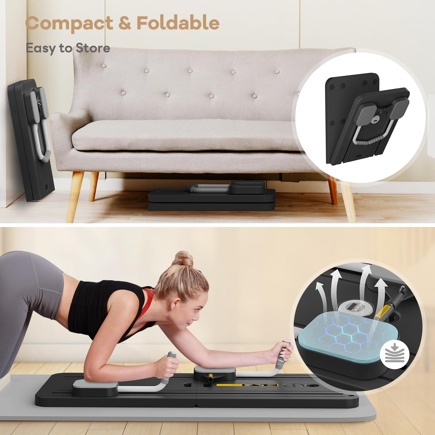 Foldable Pilates Reformer Ab Machine with Automatic Rebound Function for Home Gym - Core & Abdominal Strength Training Equipment with Knee Pad - Ab Core Trainer, Push-Up Board, Full Body Workout