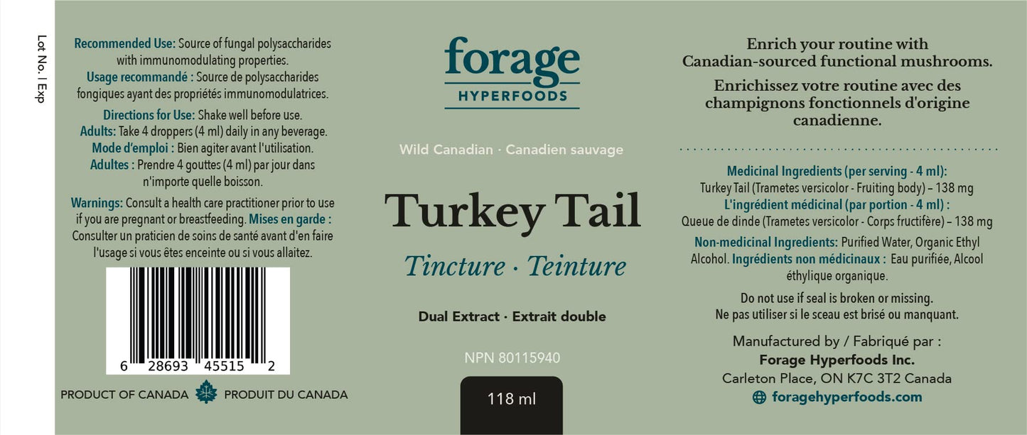 Forage Hyperfoods - Turkey Tail Mushroom Tincture, Mushroom Vitamins for Immune System and Gut Health Support, Dual Extract, Original, 118 ml