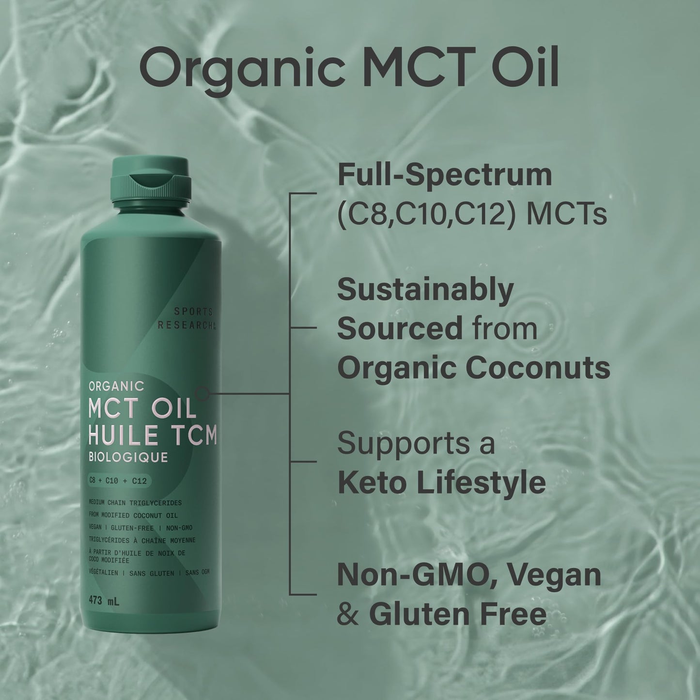 Sports Research Keto MCT Oil from Organic Coconuts - Fatty Acid Fuel for Body + Brain - Perfect in Coffee, Tea, & More - Non-GMO & Vegan - Unflavored (32oz - C8,C10,C12)