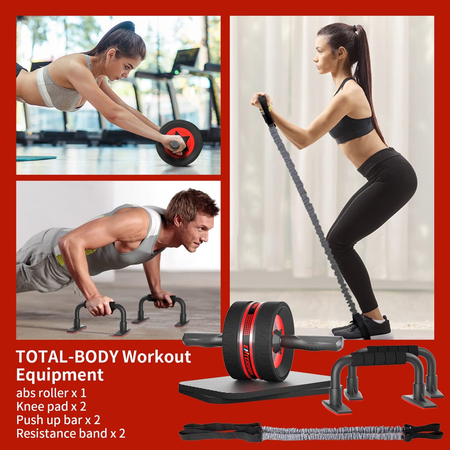 EnterSports AB Wheel Roller, 6-in-1 Exercise Roller Wheel Kit with Knee Pad, Resistance Bands, Pad Push Up Bars Handles Grips, Perfect Home Gym Equipment for Men Women Abdominal Roller