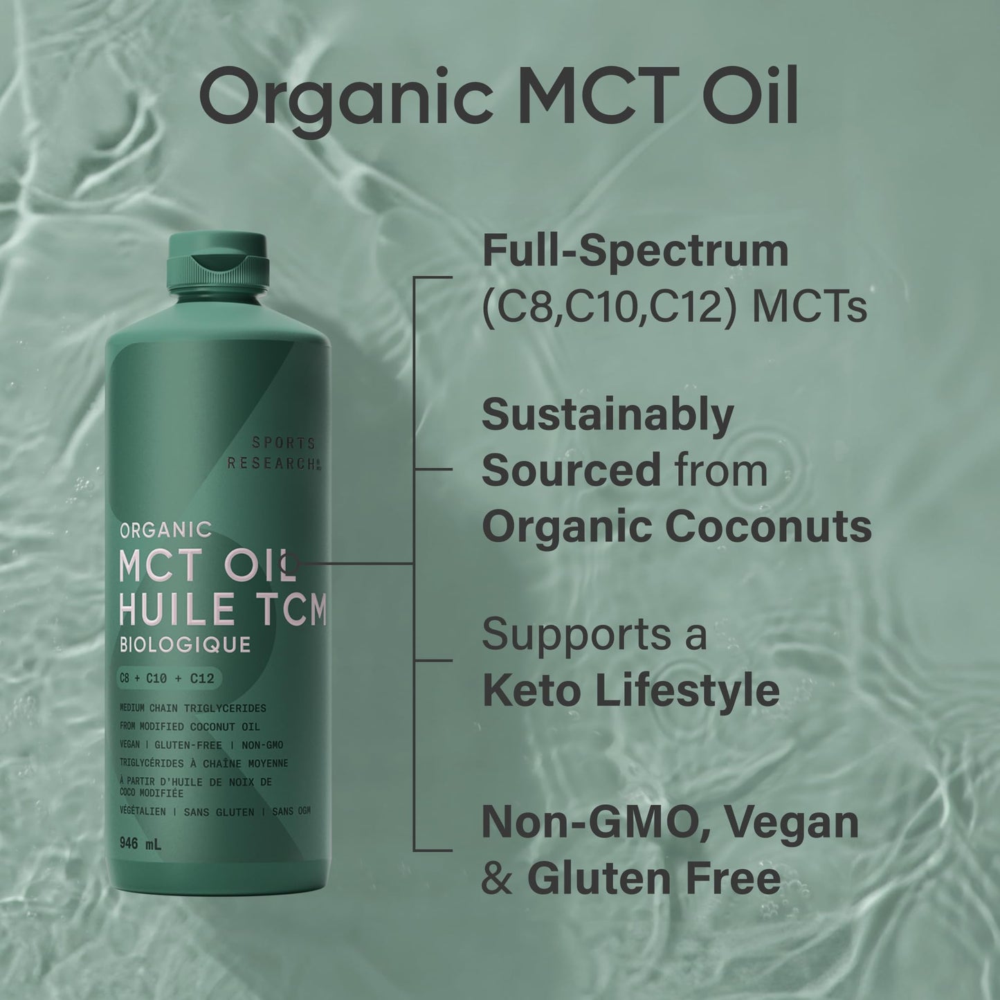 Sports Research Keto MCT Oil from Organic Coconuts - Fatty Acid Fuel for Body + Brain - Perfect in Coffee, Tea, & More - Non-GMO & Vegan - Unflavored (32oz - C8,C10,C12)