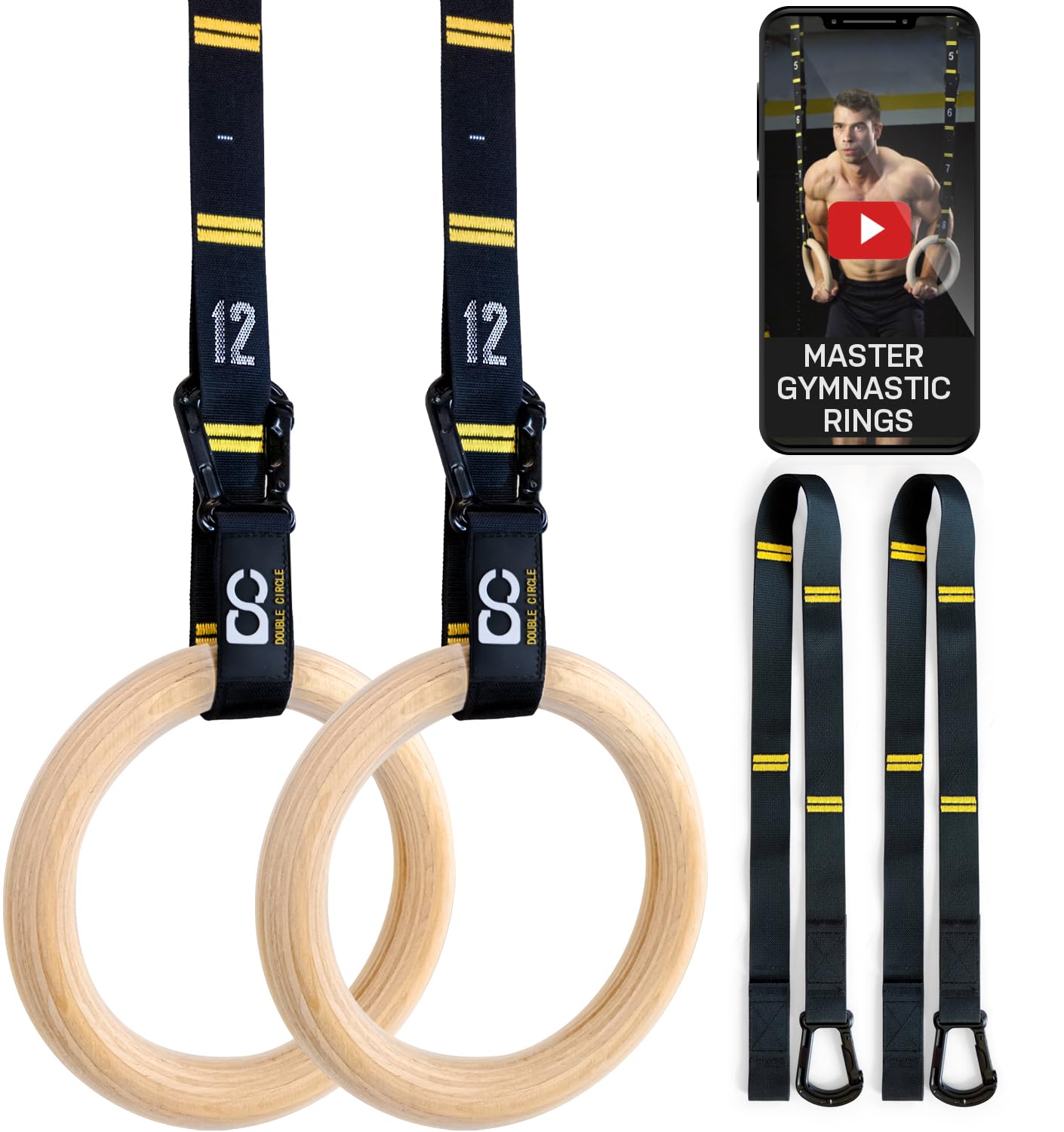 Double Circle Wood Gymnastic Rings with Quick Adjust Numbered Straps and Exercise Videos Guide, Full Body Workout, Calisthenics, Home Gym (Multi-Size)