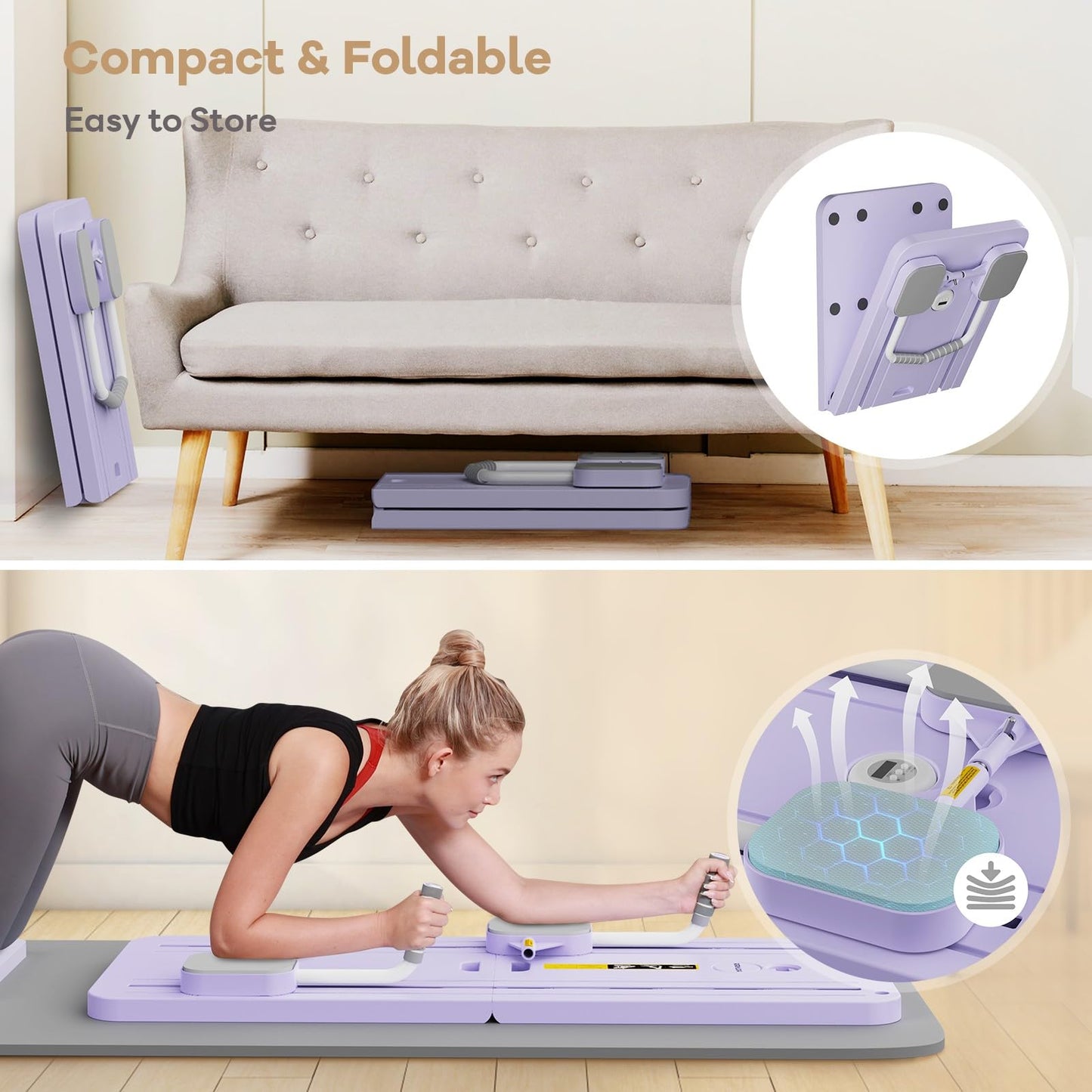 Foldable Pilates Reformer Ab Machine with Automatic Rebound Function for Home Gym - Core & Abdominal Strength Training Equipment with Knee Pad - Ab Core Trainer, Push-Up Board, Full Body Workout