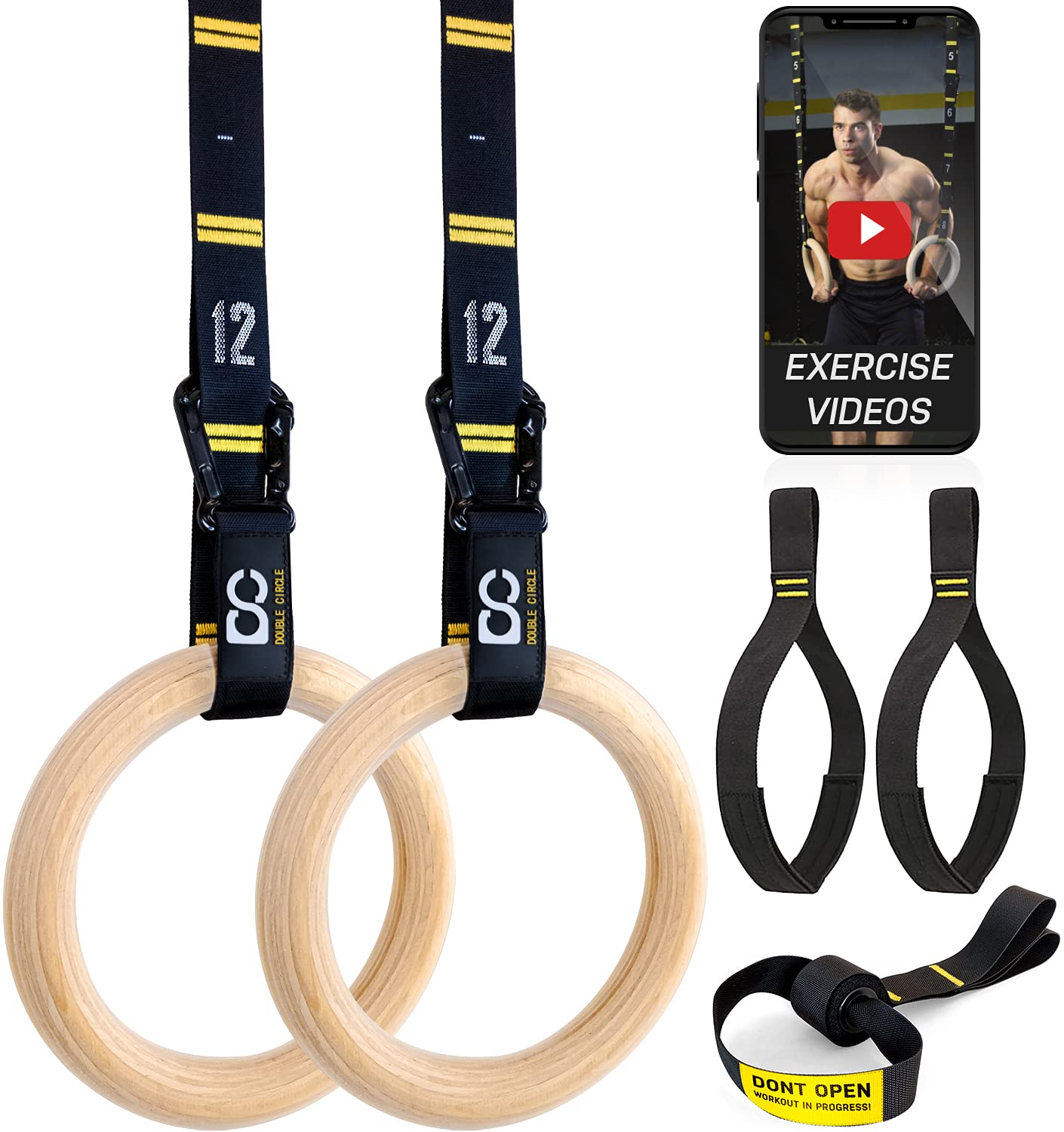 Double Circle Wood Gymnastic Rings with Quick Adjust Numbered Straps and Exercise Videos Guide, Full Body Workout, Calisthenics, Home Gym (Multi-Size)