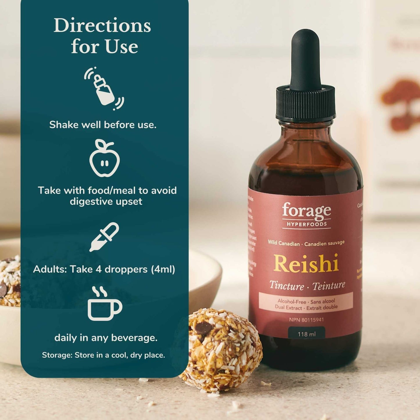 Forage Hyperfoods - Reishi Mushroom Tincture, With Reishi Mushroom Extract for Better Immune System and Stress Response, For Natural Calm, Dual Extract, Original, 118 ml