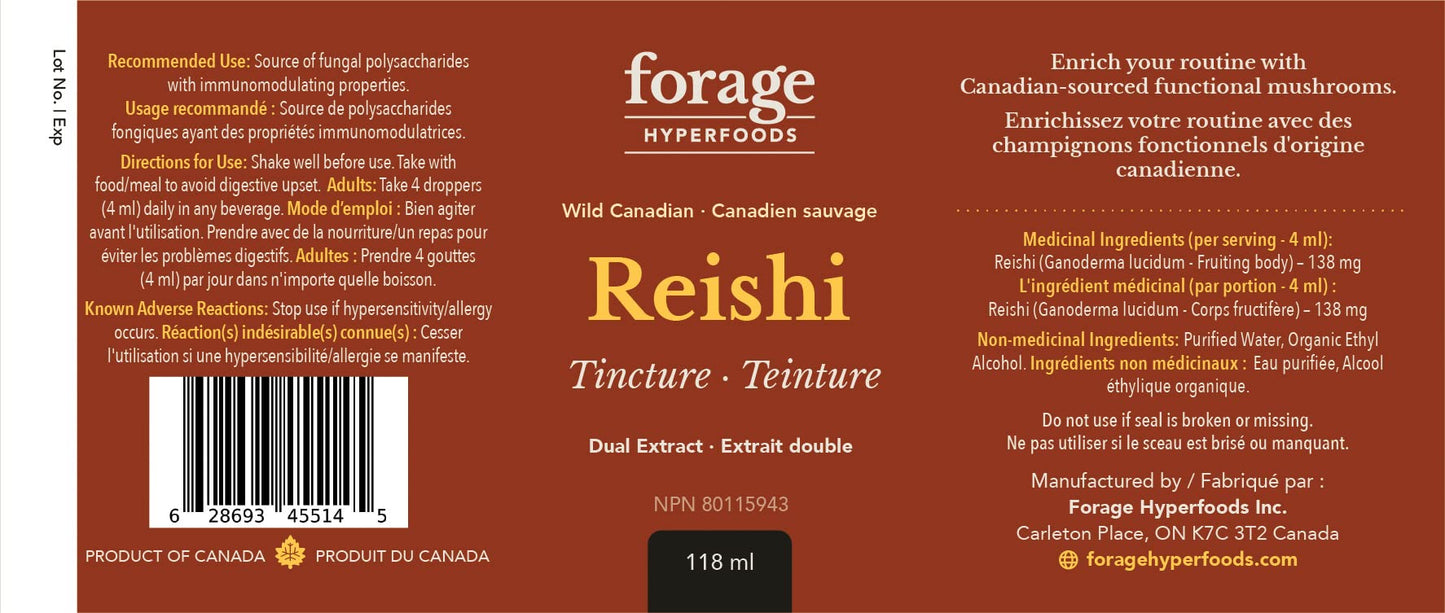 Forage Hyperfoods - Reishi Mushroom Tincture, With Reishi Mushroom Extract for Better Immune System and Stress Response, For Natural Calm, Dual Extract, Original, 118 ml