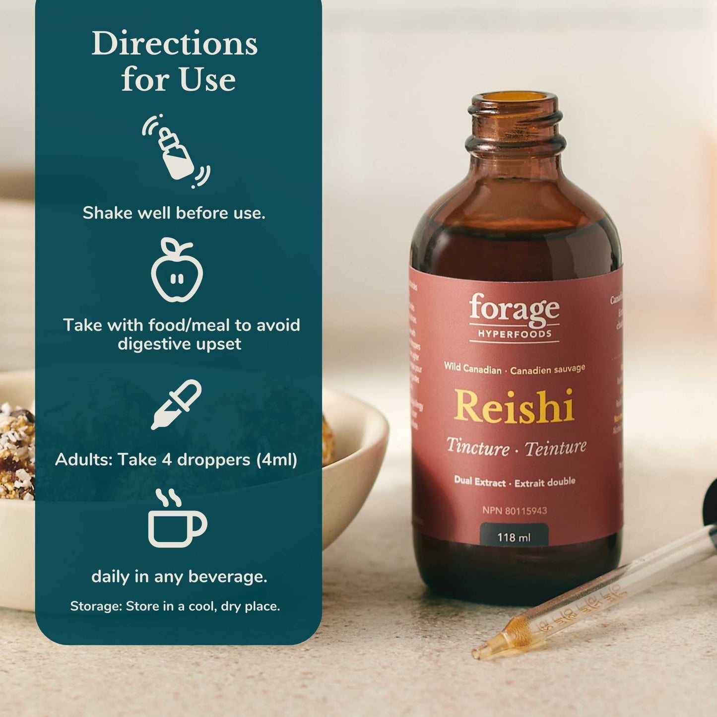 Forage Hyperfoods - Reishi Mushroom Tincture, With Reishi Mushroom Extract for Better Immune System and Stress Response, For Natural Calm, Dual Extract, Original, 118 ml