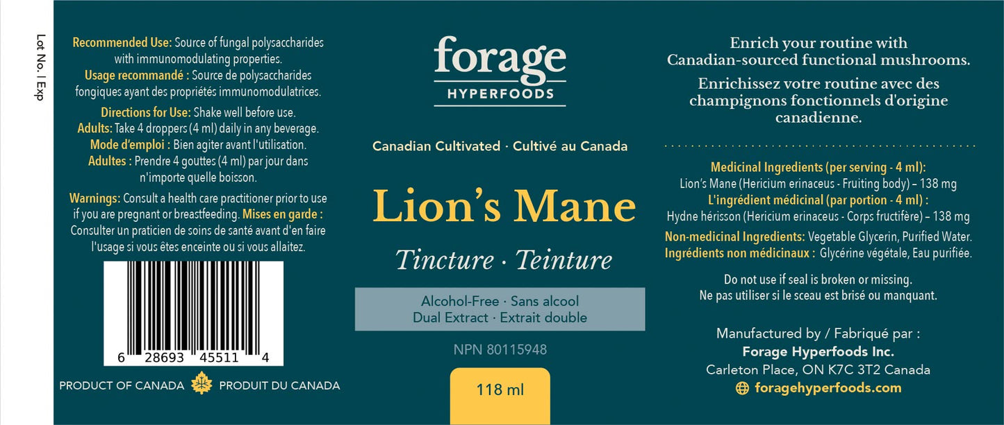 Forage Hyperfoods - Lion’s Mane Tincture, With Premium Mushroom Extract, For Memory Improvement and Nerve Support, Dual Extract, Alcohol-free, 118 ml