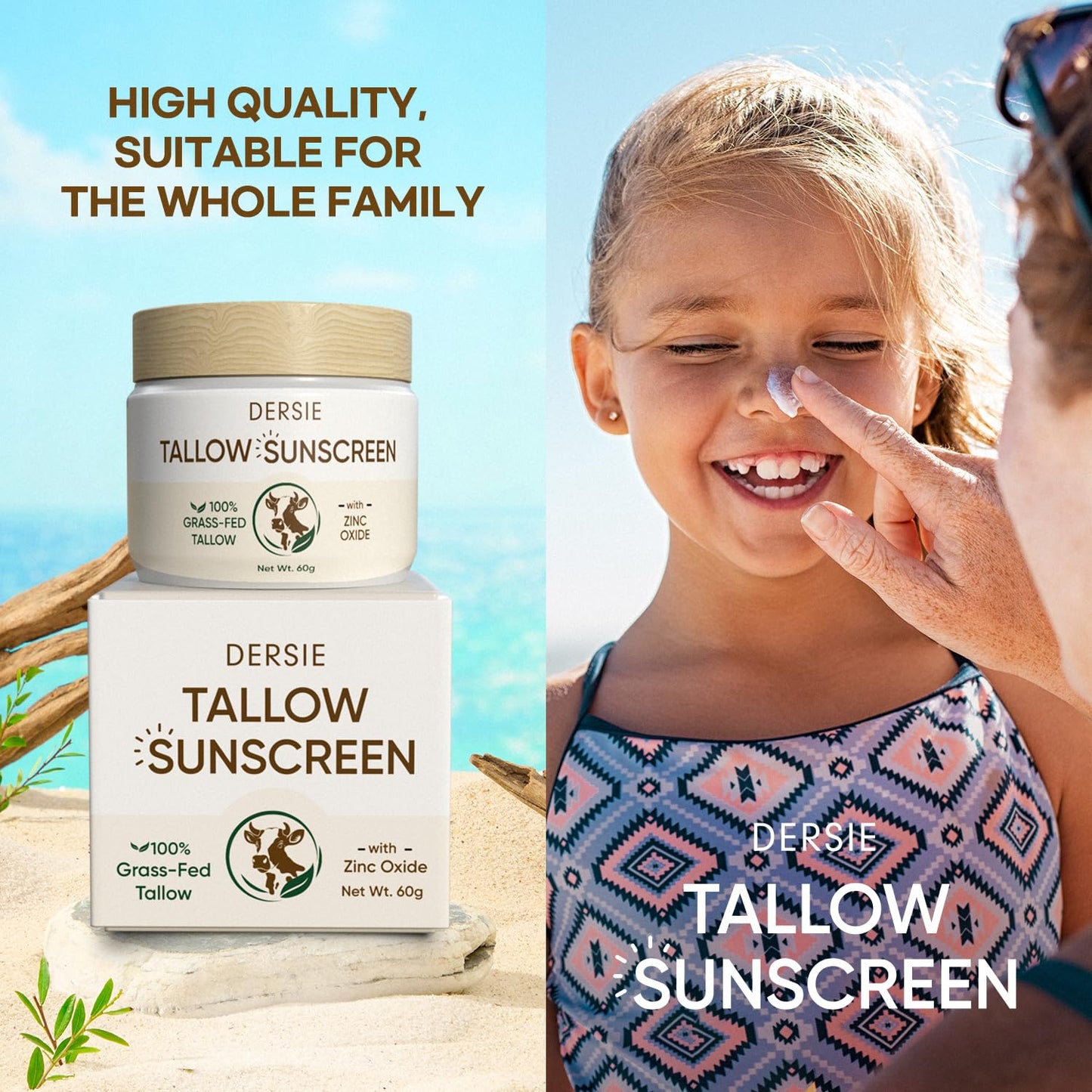 Beef Tallow and Zinc Sun Balm: 100% Grass Fed Beef Tallow - Deep Moisture & Non-Greasy Formula with Shea Butter - Suitable for Sensitive Skin (2.12 OZ)