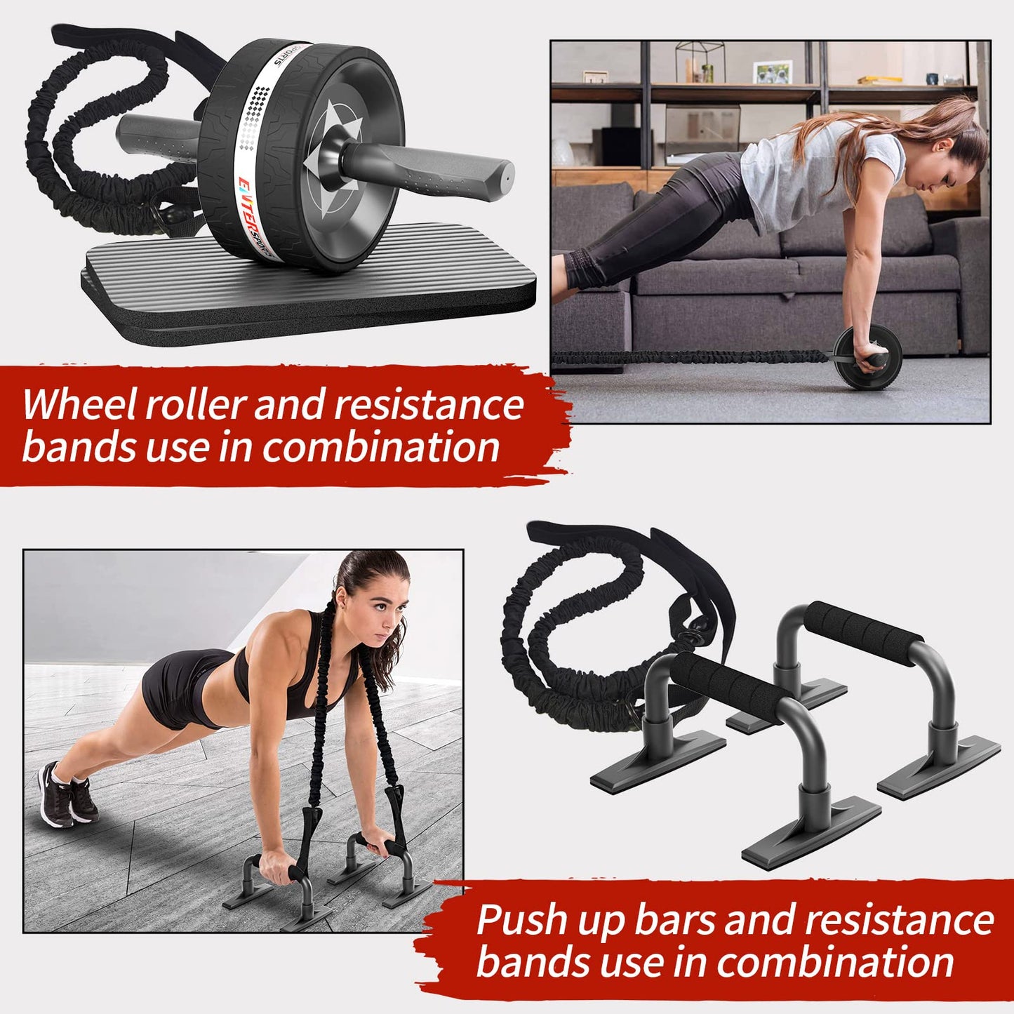 EnterSports AB Wheel Roller, 6-in-1 Exercise Roller Wheel Kit with Knee Pad, Resistance Bands, Pad Push Up Bars Handles Grips, Perfect Home Gym Equipment for Men Women Abdominal Roller