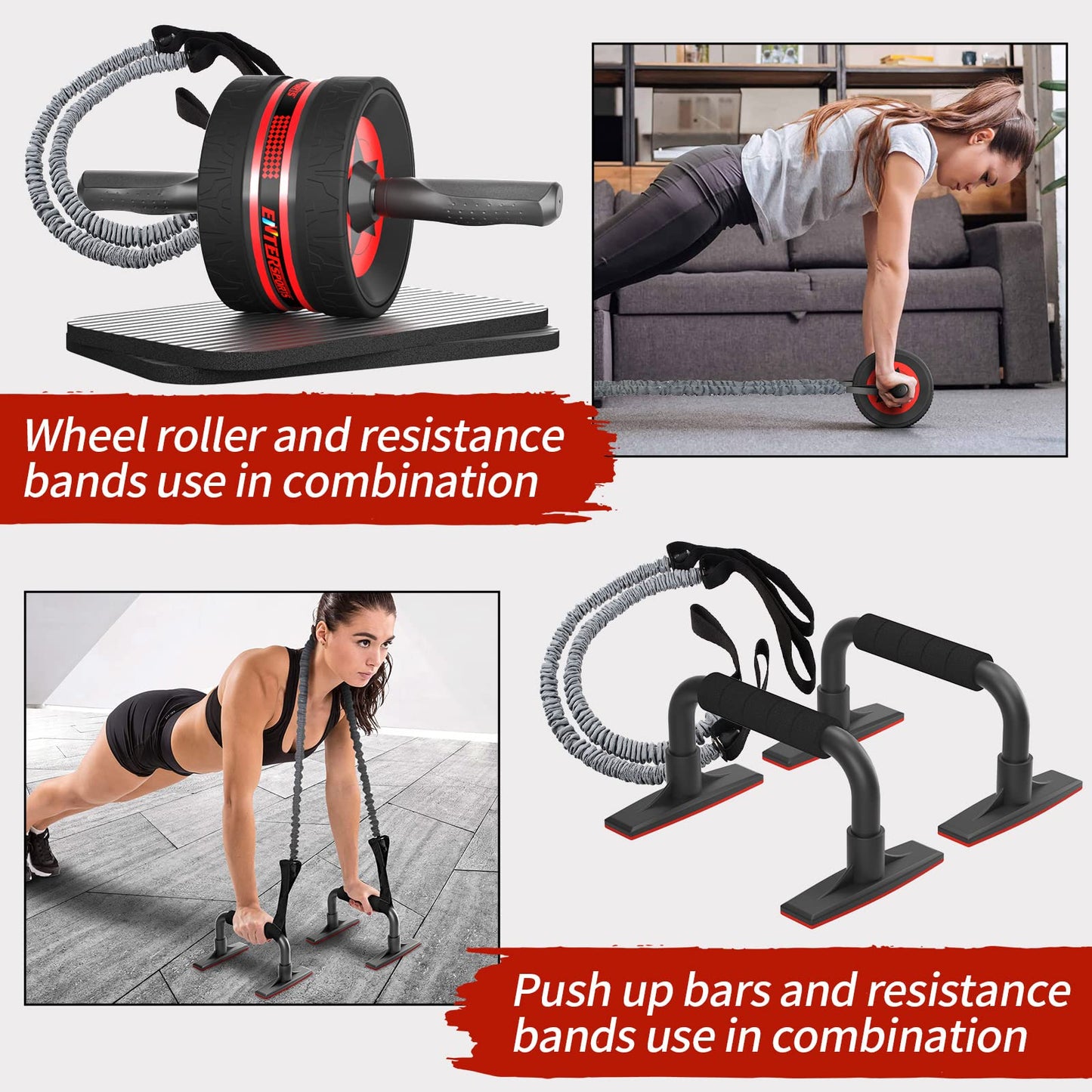 EnterSports AB Wheel Roller, 6-in-1 Exercise Roller Wheel Kit with Knee Pad, Resistance Bands, Pad Push Up Bars Handles Grips, Perfect Home Gym Equipment for Men Women Abdominal Roller